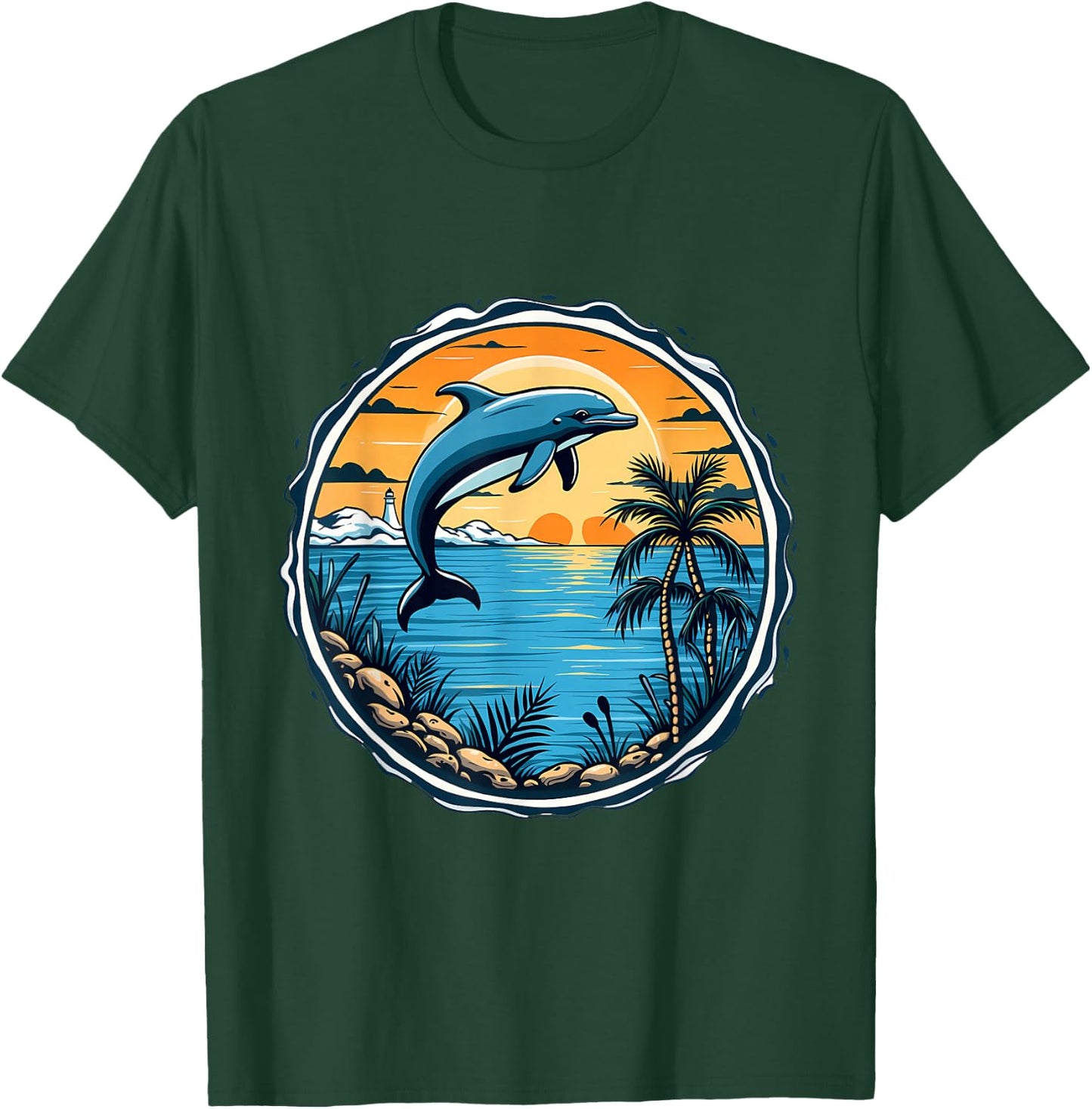 Dolphin Sunset Scene Ocean Tropical Beach Vibes , Black, S T-Shirt - T-Shirt | Forest