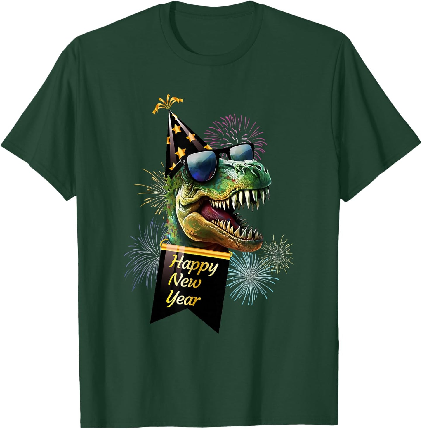 Happy New Year Dinosaur T Rex Sunglasses Fireworks NYE Party T-Shirt - T-Shirt | Forest
