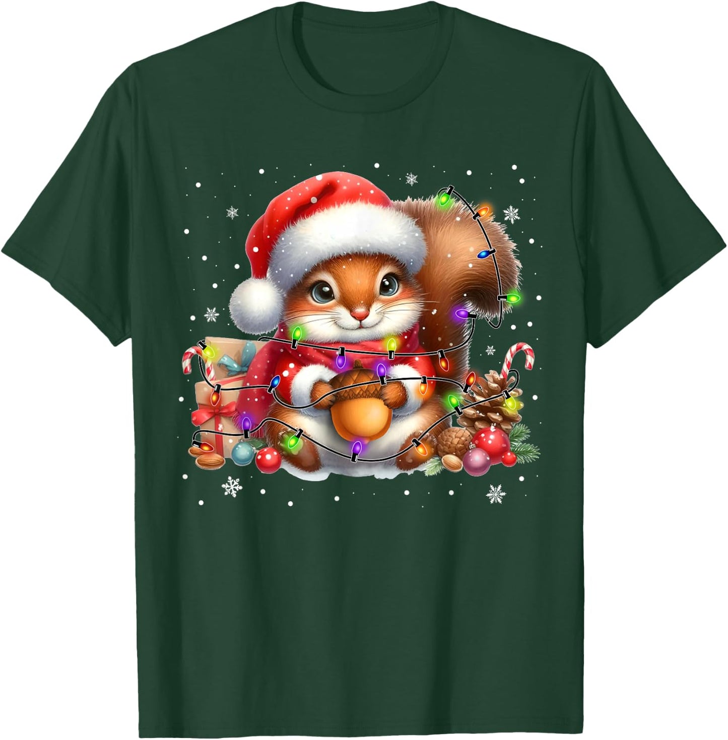 Cute Santa Squirrel in Christmas Lights Squirrels Lover Xmas T-Shirt - T-Shirt | Forest