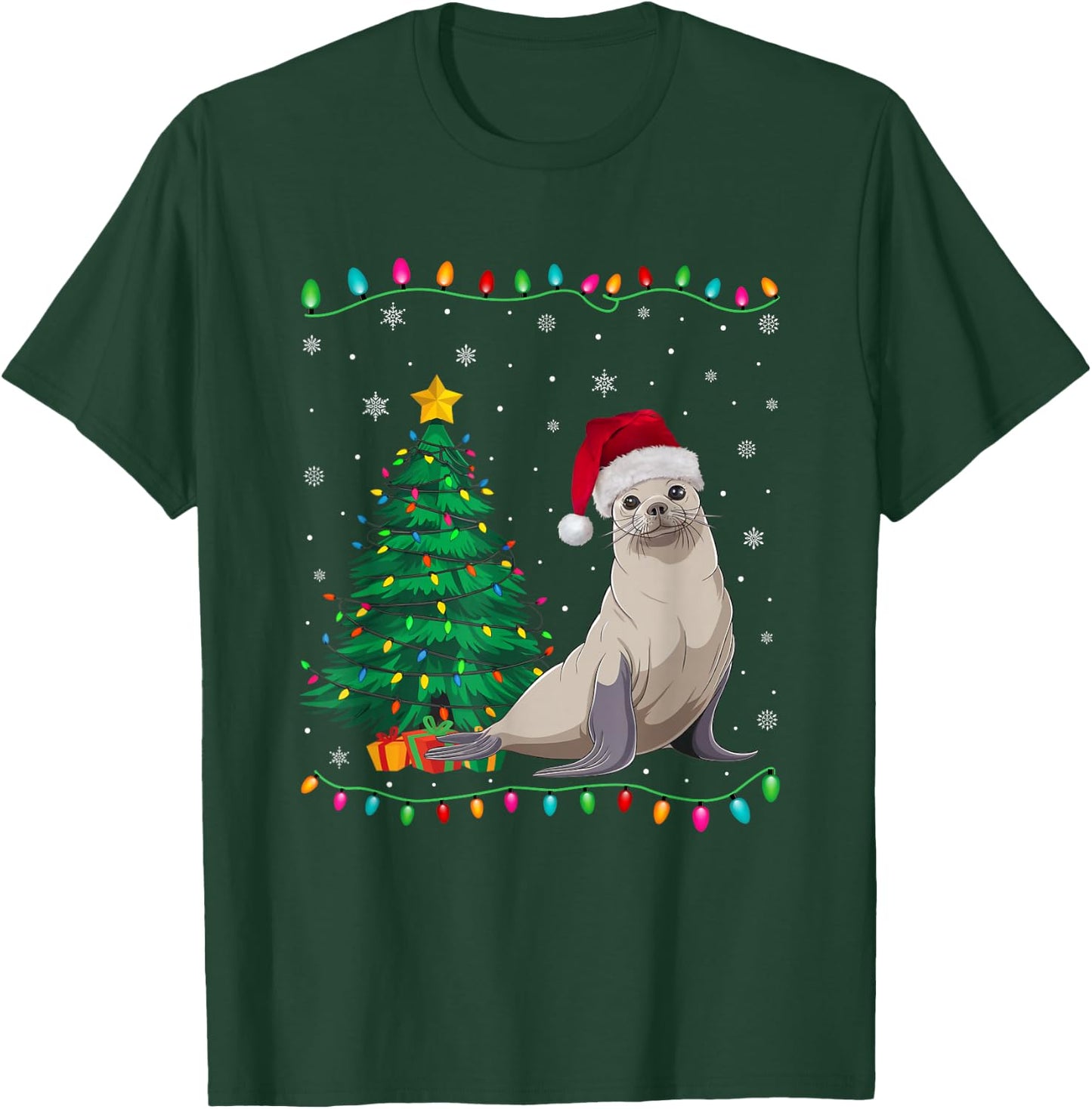 Seal Santa Hat Men Women Kids Christmas Tree Lights T-Shirt - T-Shirt | Forest