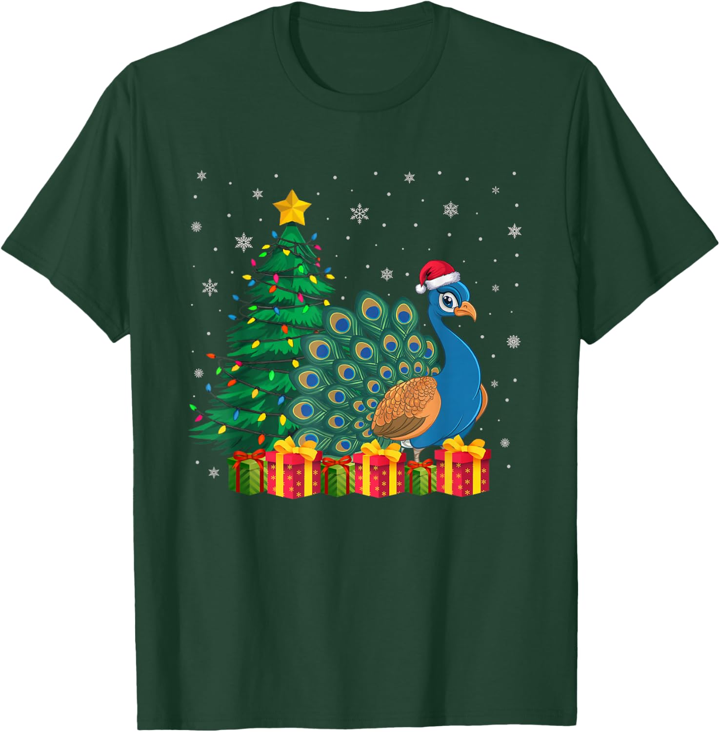 Ugly Peacock Santa Hat Christmas Tree Lights Pajama T-Shirt - T-Shirt | Forest