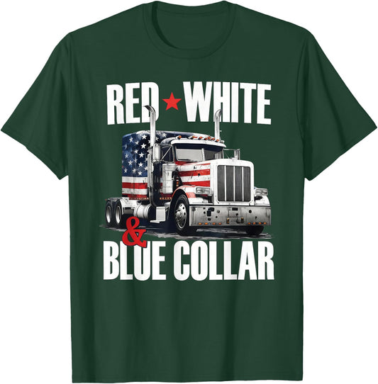 Red White and Blue Collar Patriotic Trucker USA Flag T-Shirt - T-Shirt | Forest