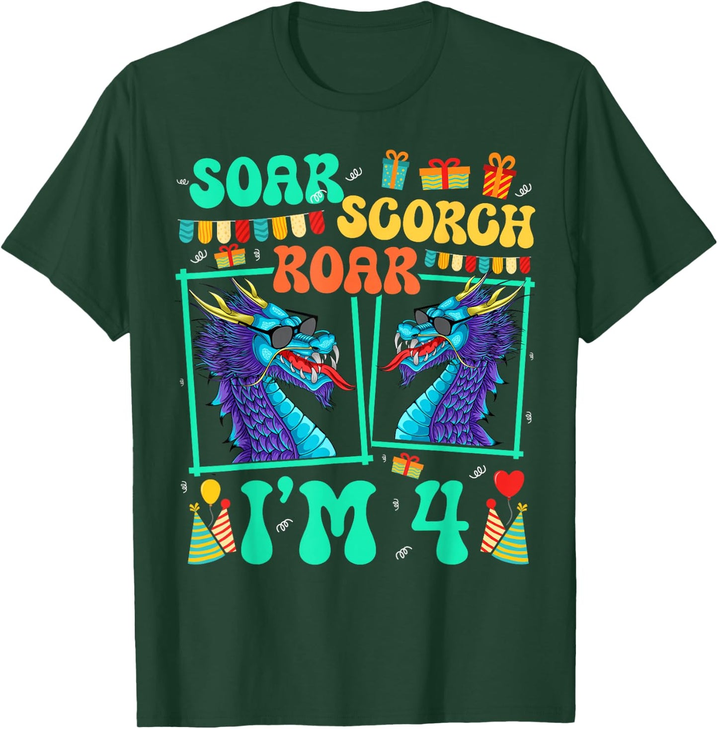 Soar Scorch Roar I'm 4 Dragon Lover Kid 4th Birthday T-Shirt - T-Shirt | Forest