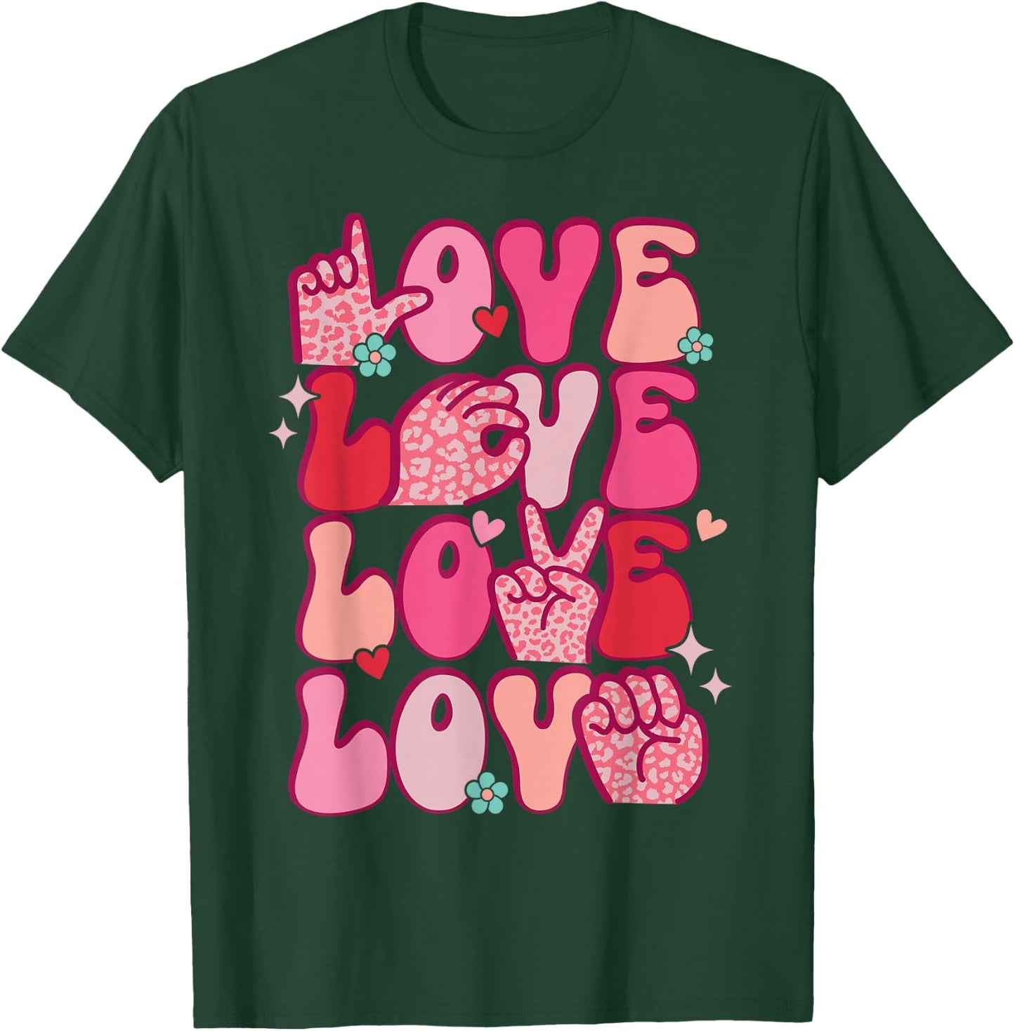 Groovy Sign Language Valentines Day LOVE ASL Finger Spelling T-Shirt - T-Shirt | Forest