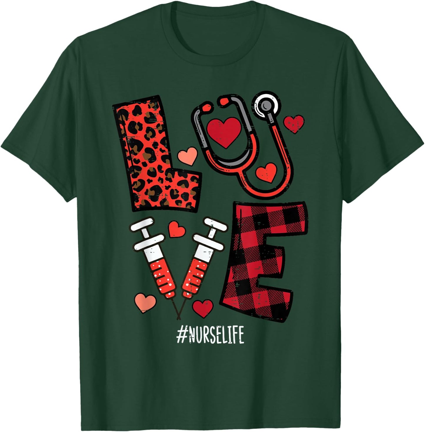 Valentines Day Leopard Plaid Nurse Nursing Scrub Top Women T-Shirt - T-Shirt | Forest