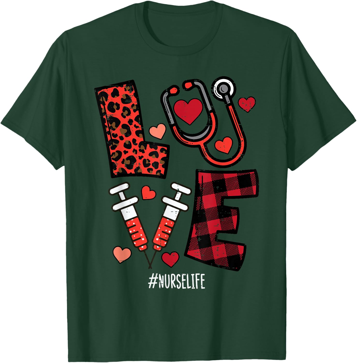 Valentines Day Leopard Plaid Nurse Nursing Scrub Top Women T-Shirt - T-Shirt | Forest