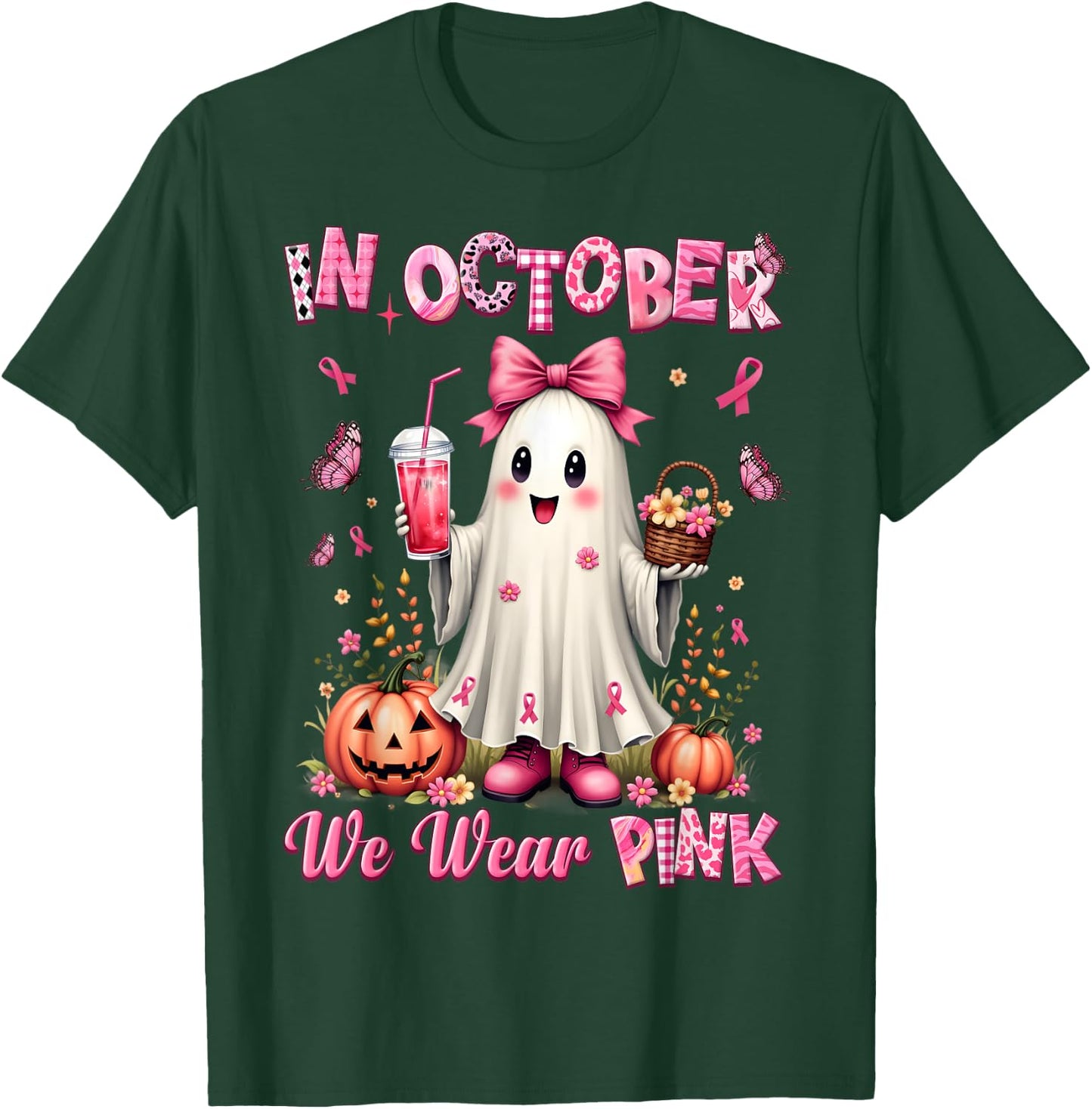 In October We Wear Pink Ghost Breast Cancer Awareness T-Shirt - T-Shirt | Forest