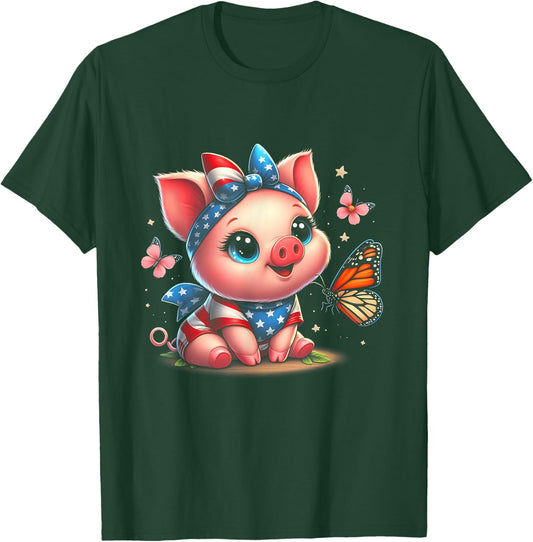 Cute Pig With Bandana Pigs Lover American Flag 4th Of July T-Shirt - T-Shirt | Forest