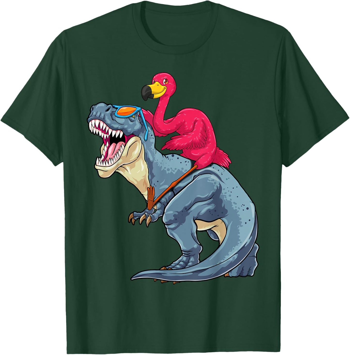 Flamingo Riding Dinosaur T-Rex Funny Flock Bird Dino Pun T-Shirt - T-Shirt | Forest