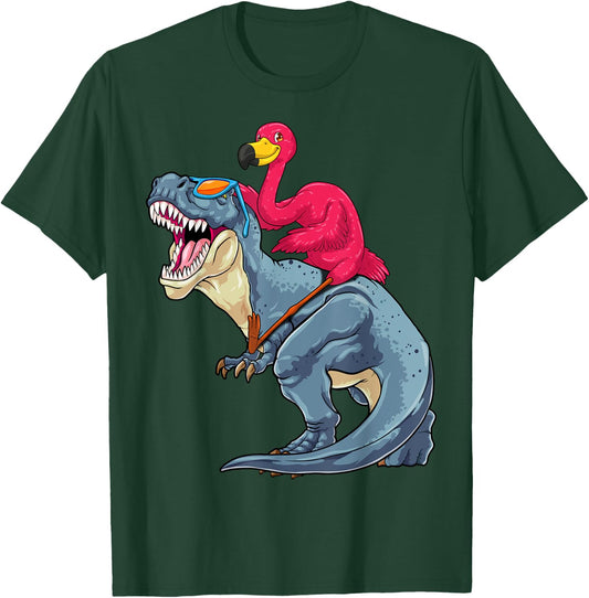 Flamingo Riding Dinosaur T-Rex Funny Flock Bird Dino Pun T-Shirt - T-Shirt | Forest