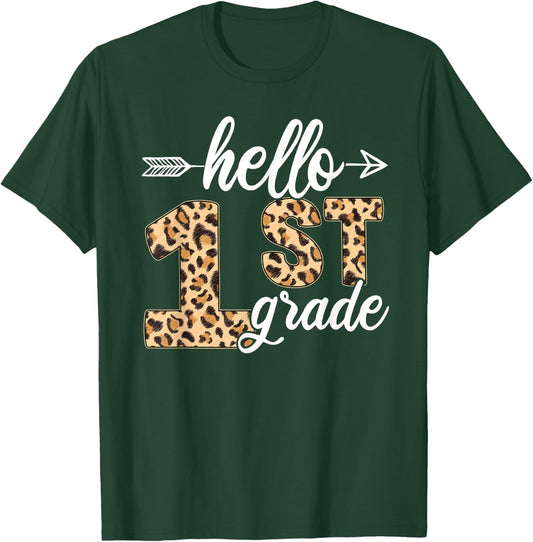 Hello 1st First Grade Leopard Back To School Teacher Student T-Shirt - T-Shirt | Forest
