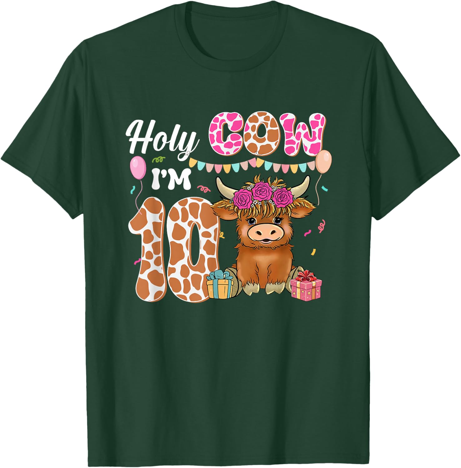 Holy Cow I'm 10 Highland Cow Farm 10th Birthday 10 Years Old T-Shirt - T-Shirt | Forest
