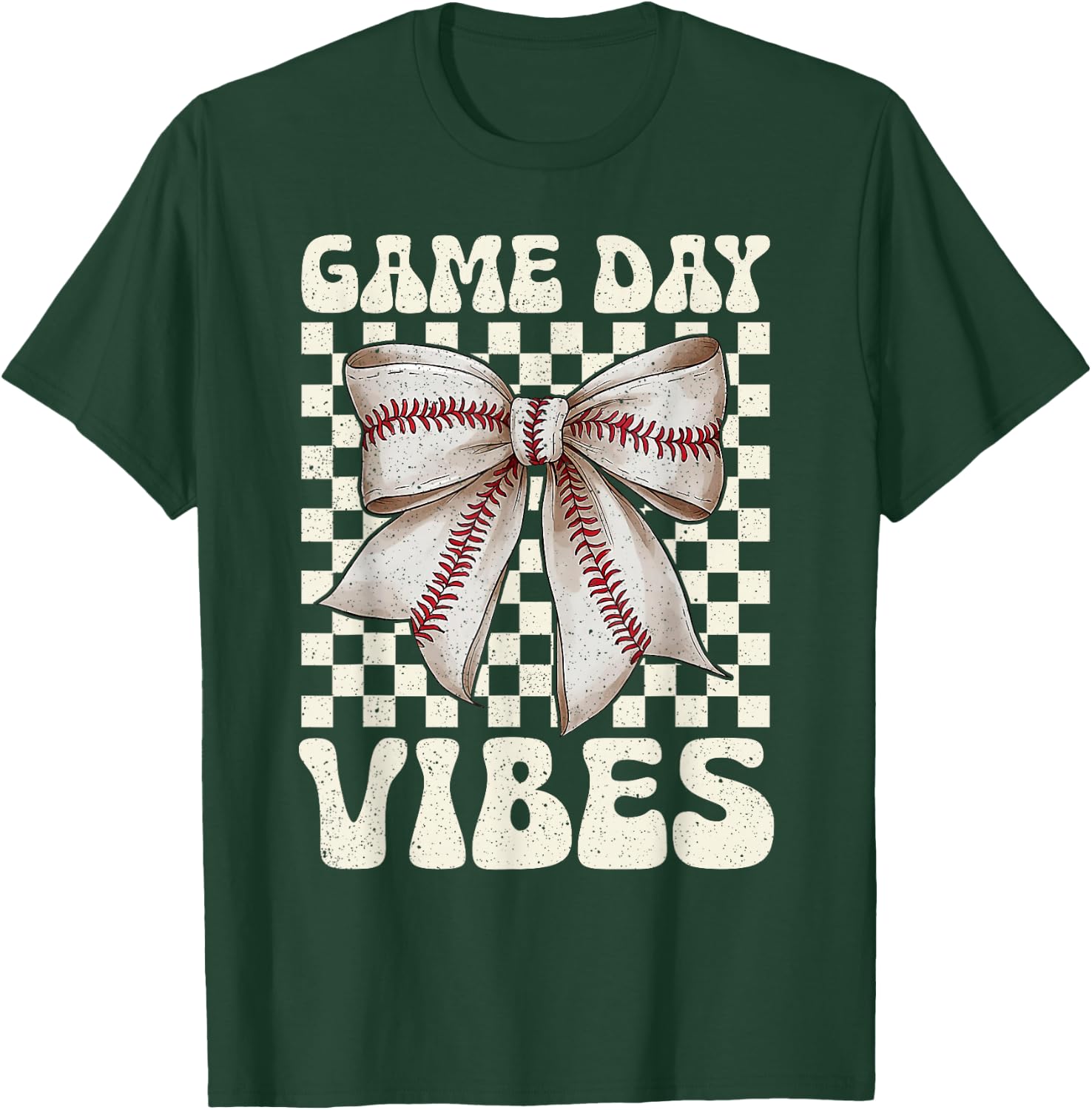 Coquette Bow Baseball Game Day Vibes Groovy Women Kids T-Shirt - T-Shirt | Forest