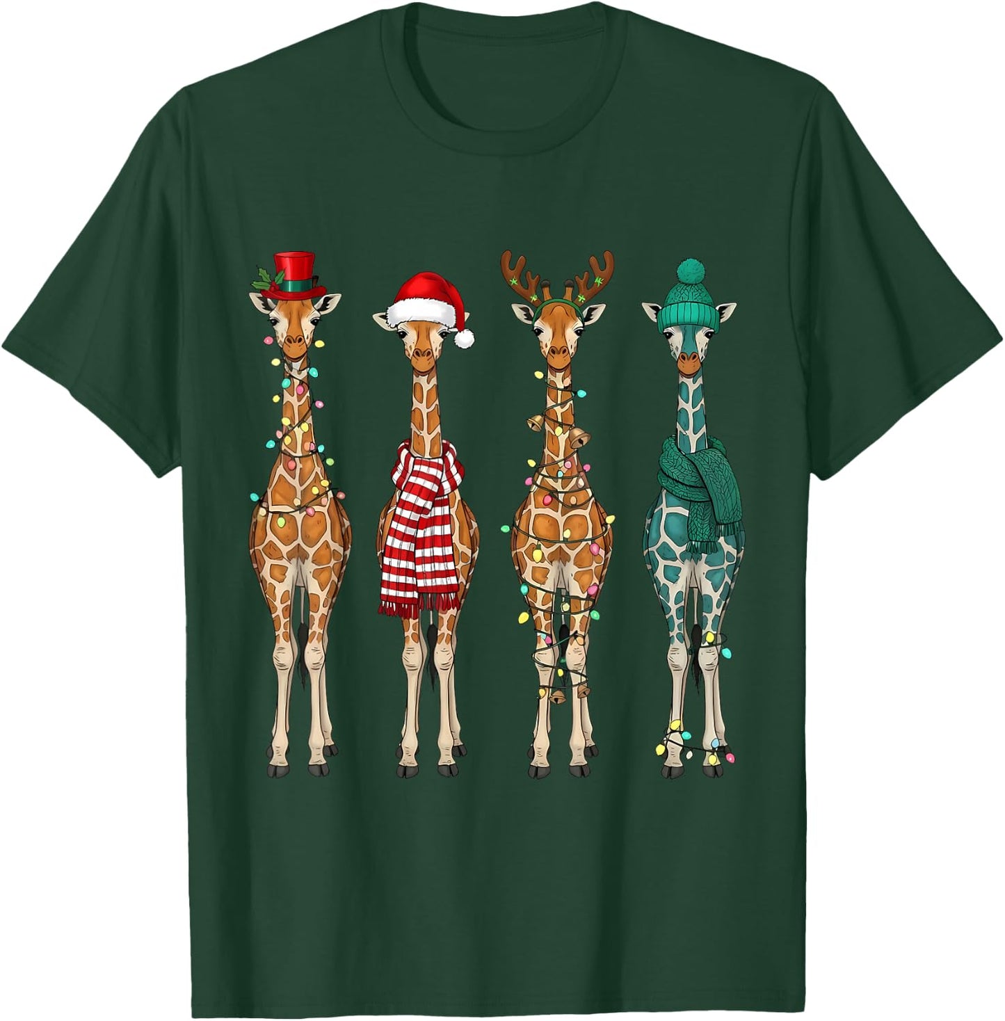 Cute Christmas Giraffe Santa Hat Xmas Lights Holiday Animal T-Shirt - T-Shirt | Forest