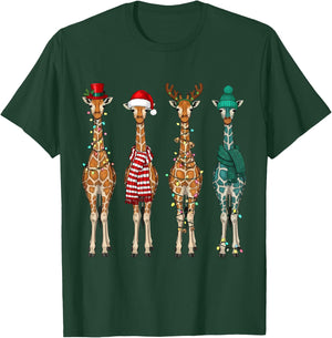 Cute Christmas Giraffe Santa Hat Xmas Lights Holiday Animal T-Shirt - T-Shirt | Forest