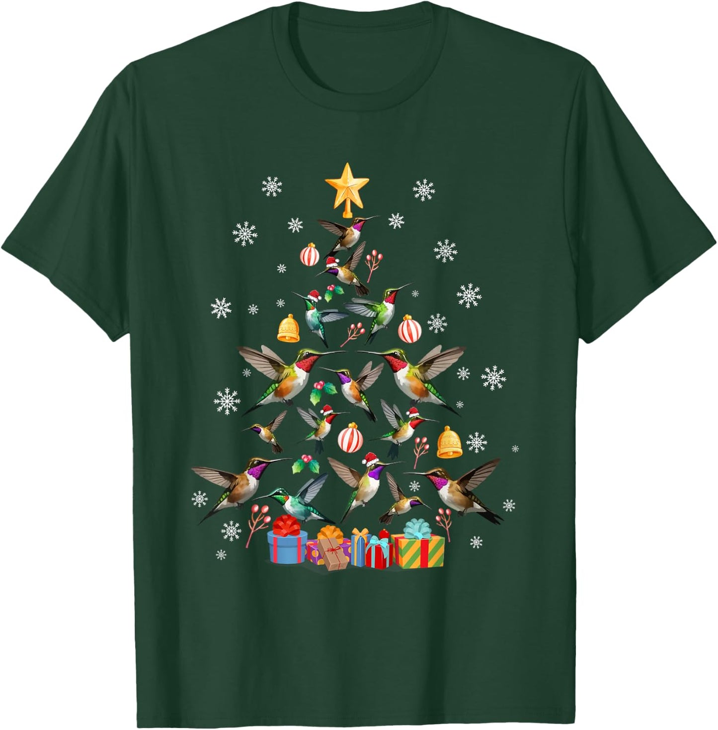 Funny Xmas Celebration Party Family Friends -Kids Teens Adults Hummingbird Christmas Tree Black T-Shirt - T-Shirt | Forest