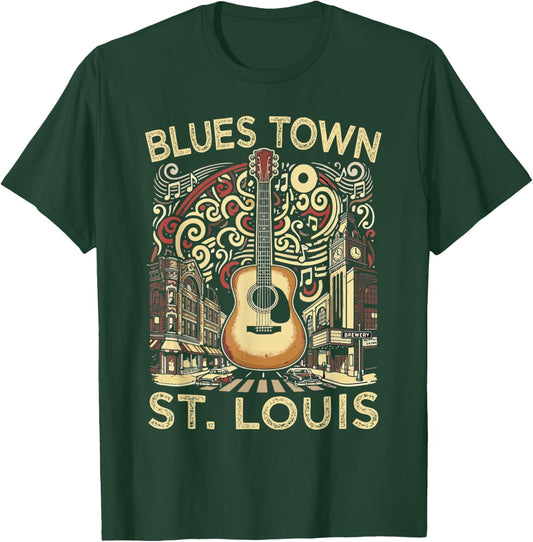 Blues Town St Louis Souvenir Men Guitar Music St Louis T-Shirt - T-Shirt | Forest
