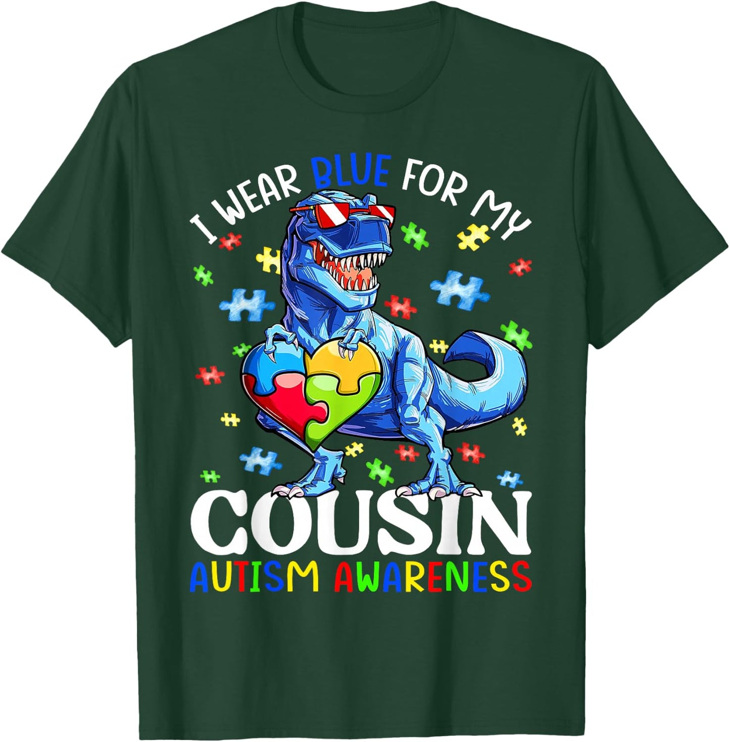 I Wear Blue For My Cousin Autism Awareness Dinosaur Boys T-Shirt - T-Shirt | Forest