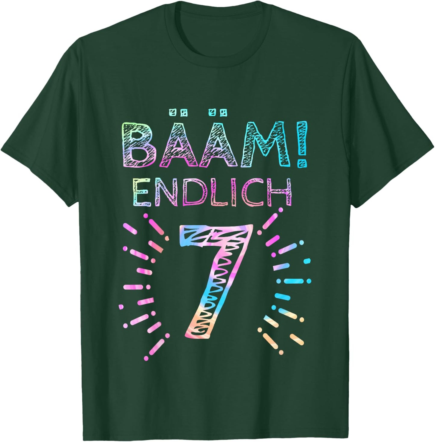 with German Text "Kinder Bääm! Endlich 7 Jahre 7th Birthday Seven Seventh Girl" , black T-Shirt - T-Shirt | Forest