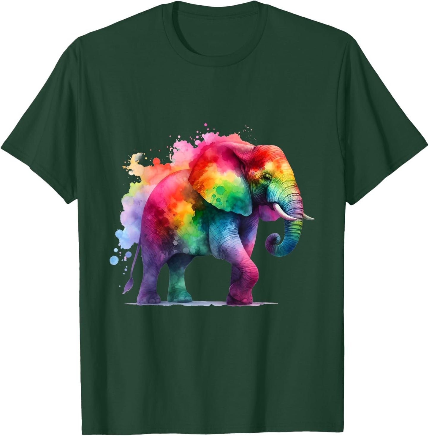 Elephant Art - Rainbow Watercolor Animal with Paint Splashes T-Shirt - T-Shirt | Forest
