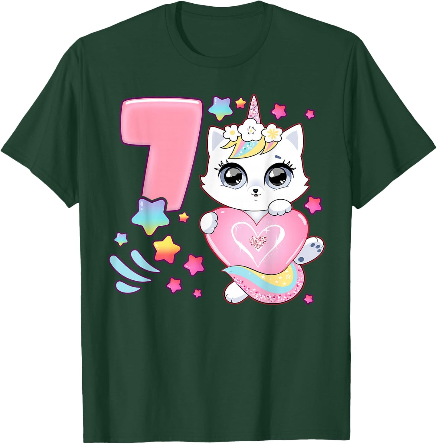 Geburtstag Mädchen 7 Jahre, Katze, Einhorn, 7. Geburtstag T-Shirt - T-Shirt | Forest
