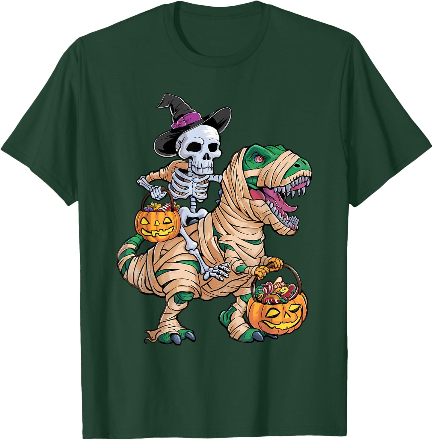 Skeleton Riding Mummy Dinosaur T rex Halloween Funny Kid Boy T-Shirt - T-Shirt | Forest