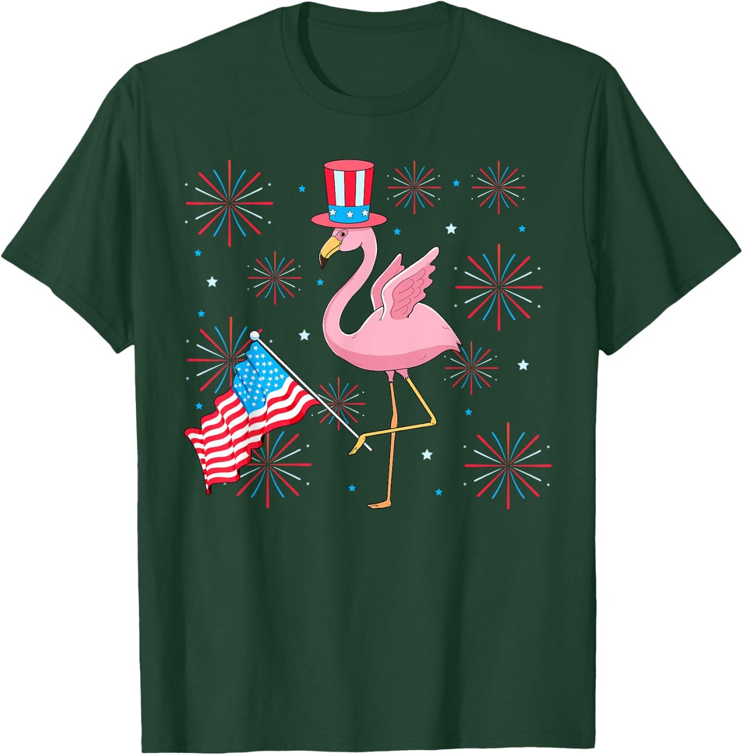 Cute Pink Flamingo 4th of July Patriotic American USA Flag T-Shirt - T-Shirt | Forest