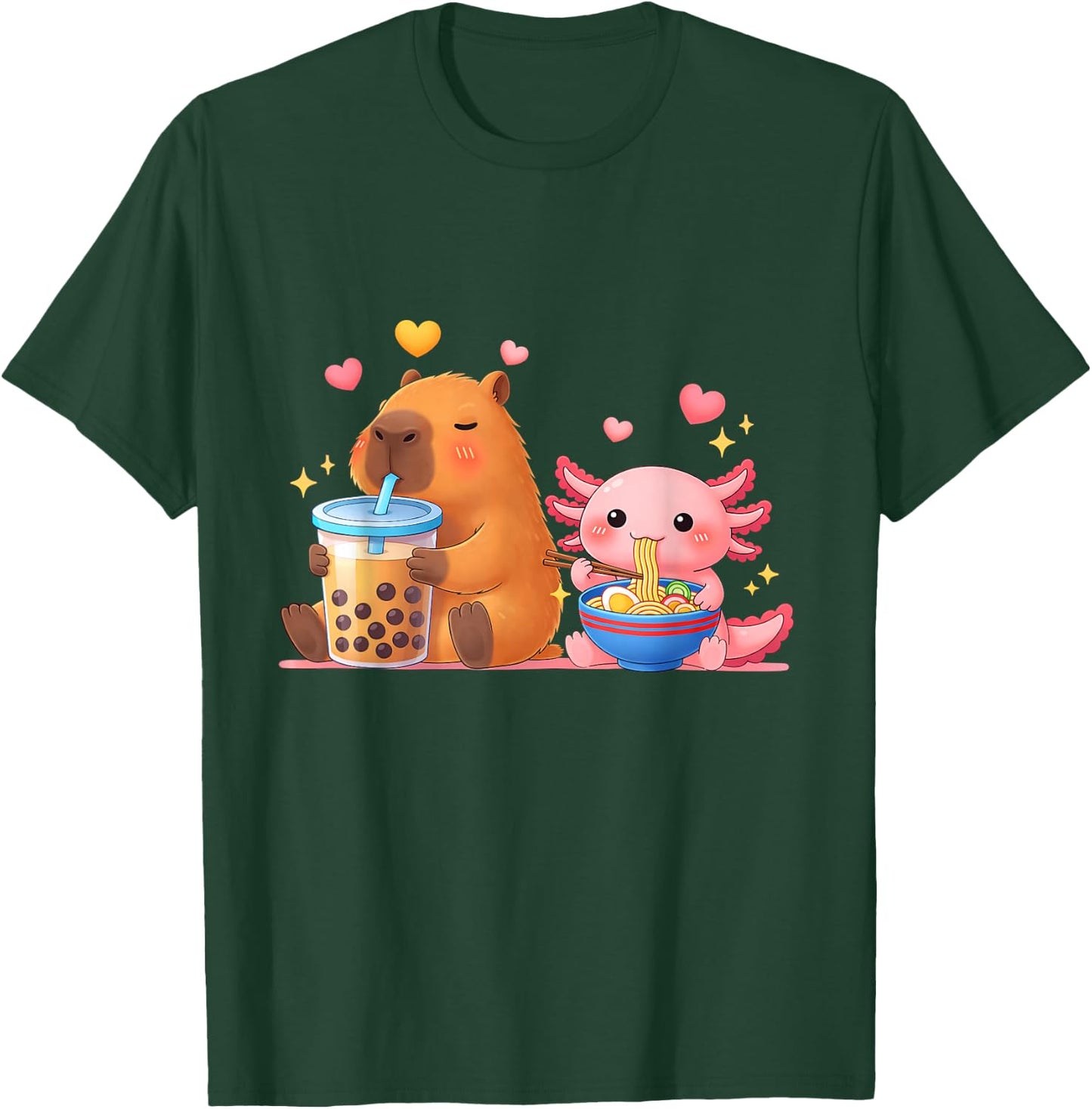 Cute Capybara Drink Boba Tea and Axolotl Eat Ramen Noodles T-Shirt - T-Shirt | Forest