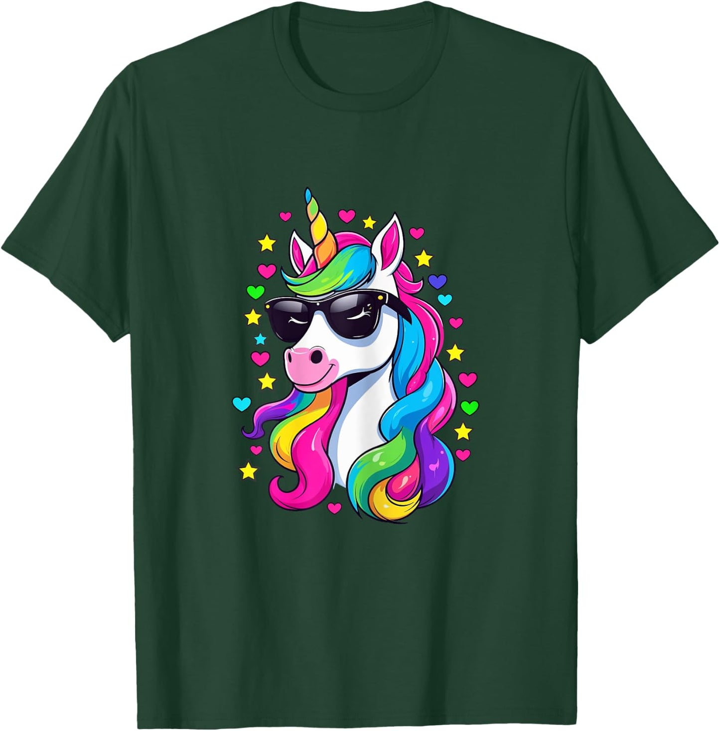 Colorful Unicorn Wearing Sunglasses Hearts and Stars T-Shirt - T-Shirt | Forest