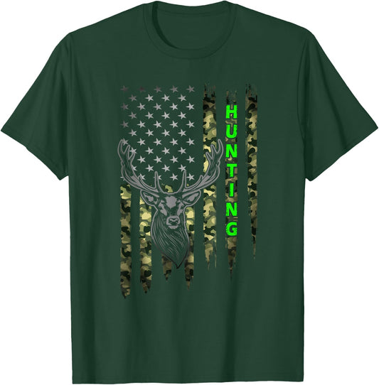 Patriotic Whitetail Buck Deer Hunting American Camouflage Small T-Shirt - T-Shirt | Forest