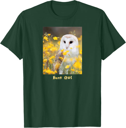 Barn Owl In Field Of Bright Yellow Flowers T-Shirt - T-Shirt | Forest