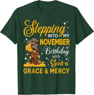 Stepping Into My November Birthday Religious Bday Afro Woman T-Shirt - T-Shirt | Forest