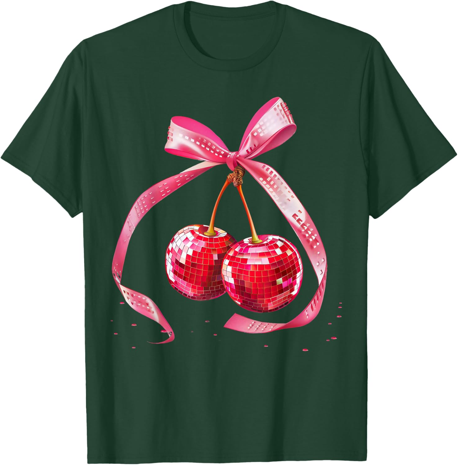 Coquette Preppy Pink Bow Cherry Disco Ball Y2K Aesthetic , black, S T-Shirt - T-Shirt | Forest