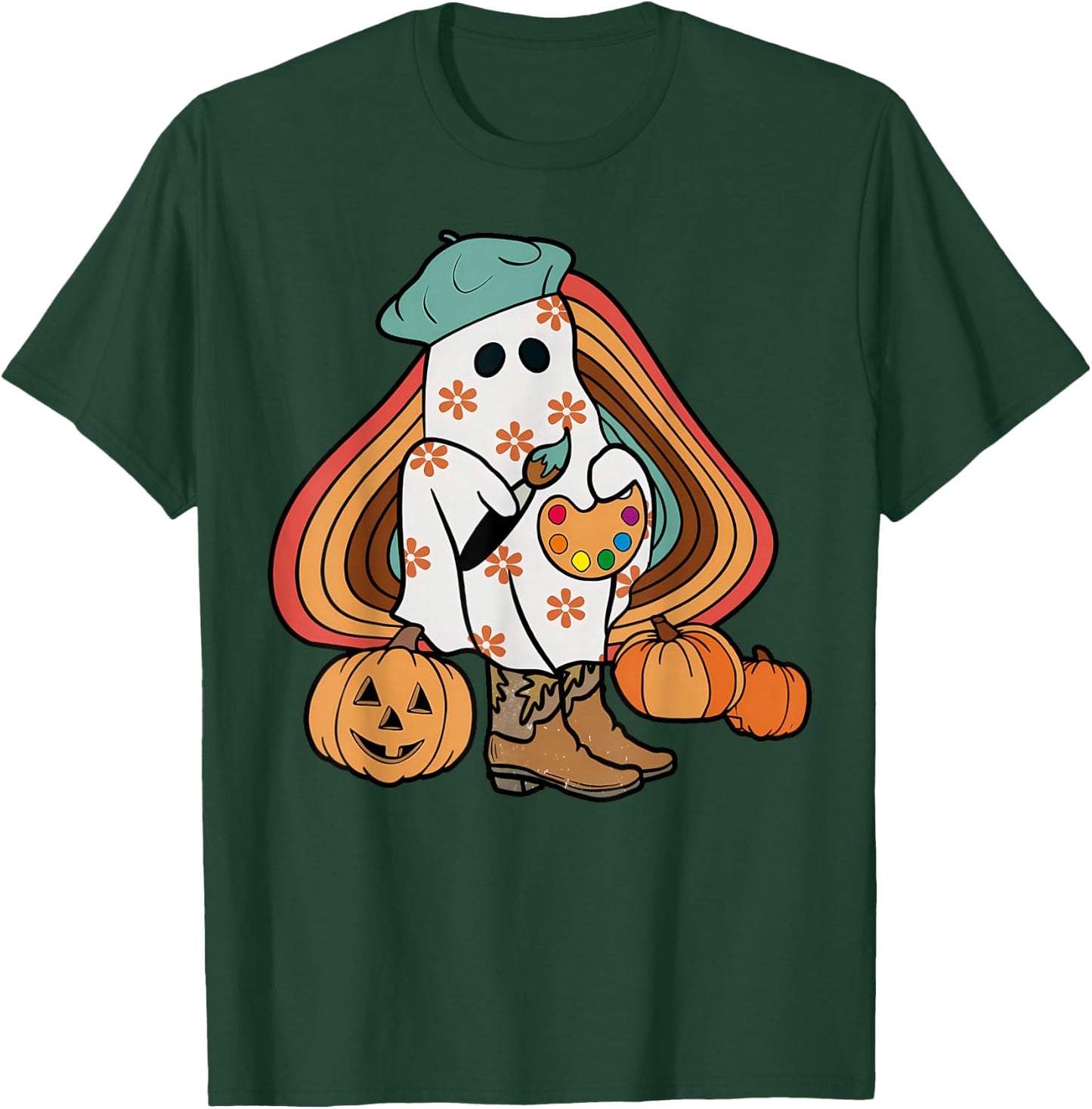 Art Teacher Painting Brushes Retro Pumpkin Ghost Artist T-Shirt - T-Shirt | Forest