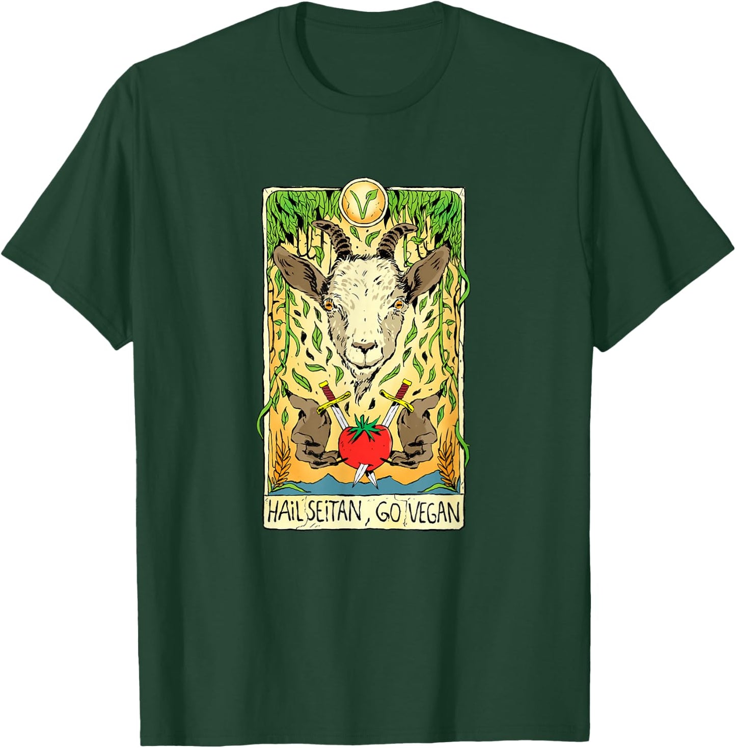 Hail Seitan Go Vegan Tarot Card Goat for Vegansim Lifestyle T-Shirt - T-Shirt | Forest