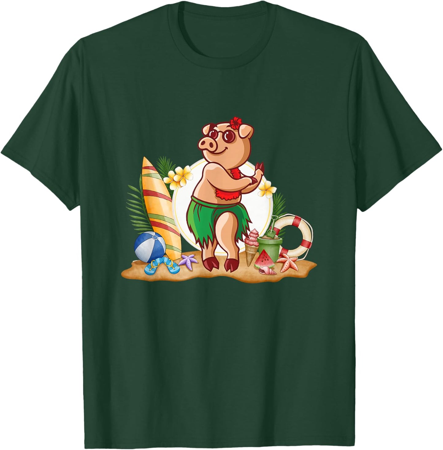 Hawaiian Luau Pig Drinking Coconut Summer Vacation T-Shirt - T-Shirt | Forest