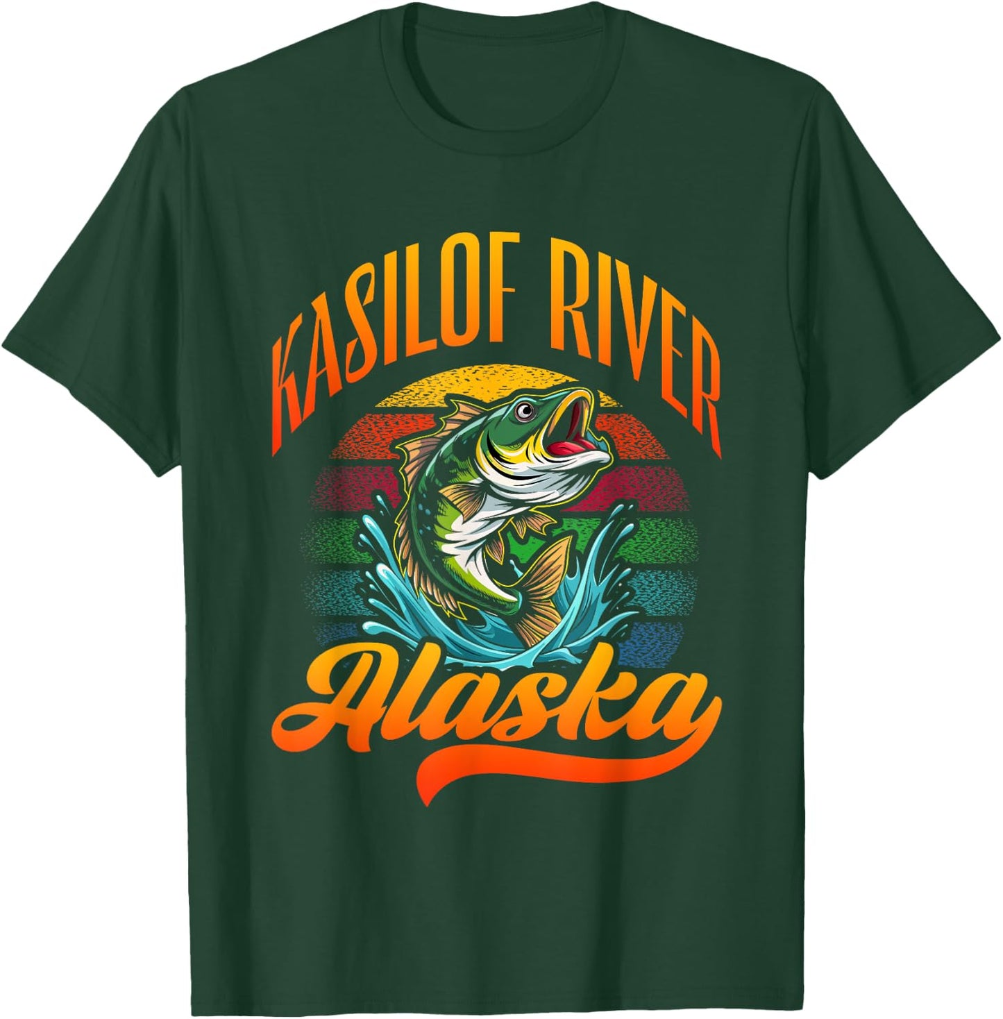 KASILOF RIVER, ALASKA, a Fishing Retro Sunset Design T-Shirt - T-Shirt | Forest