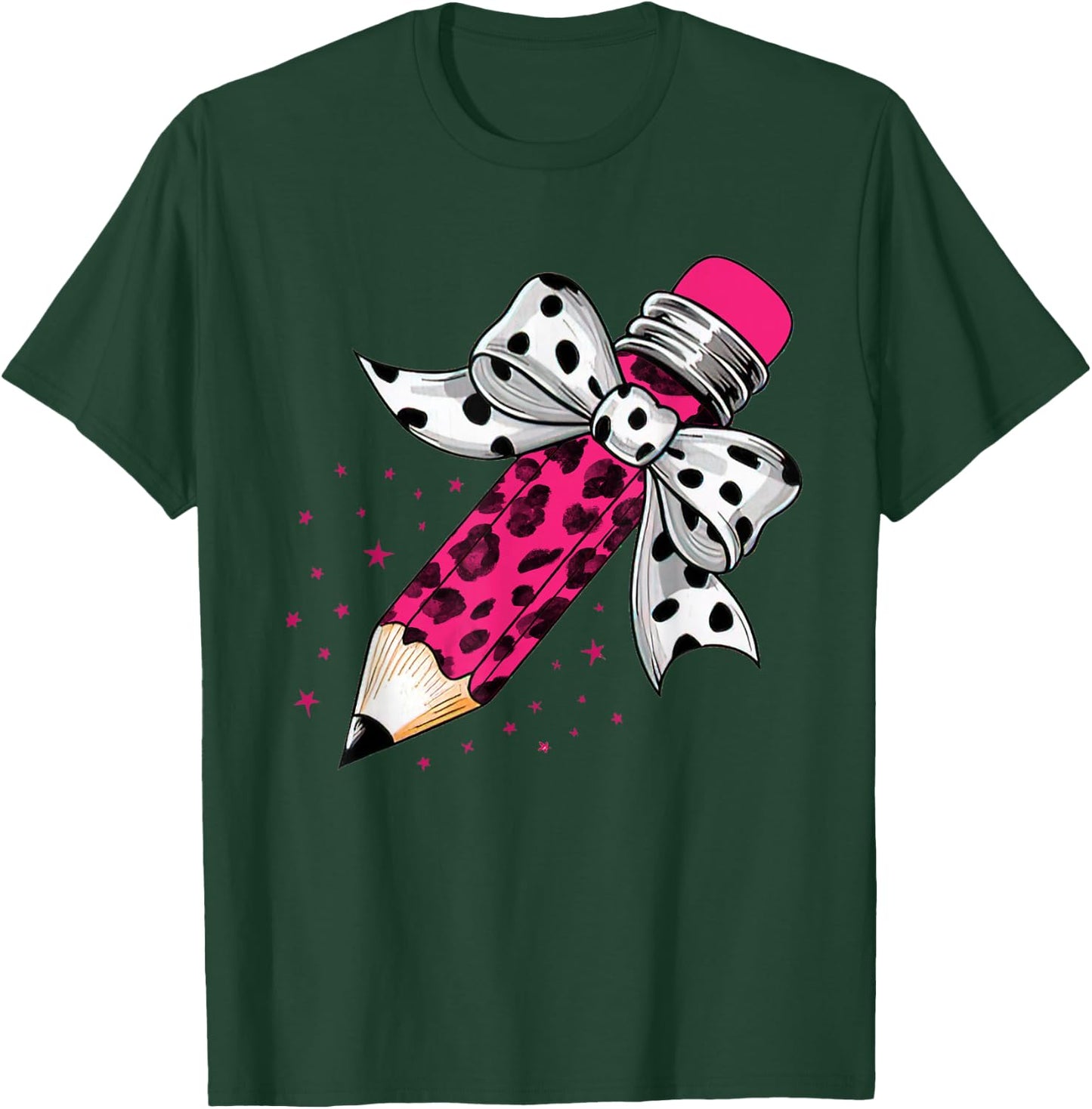 Back To School, Coquette Dalmatian Dots Print Bow Pencil T-Shirt - T-Shirt | Forest