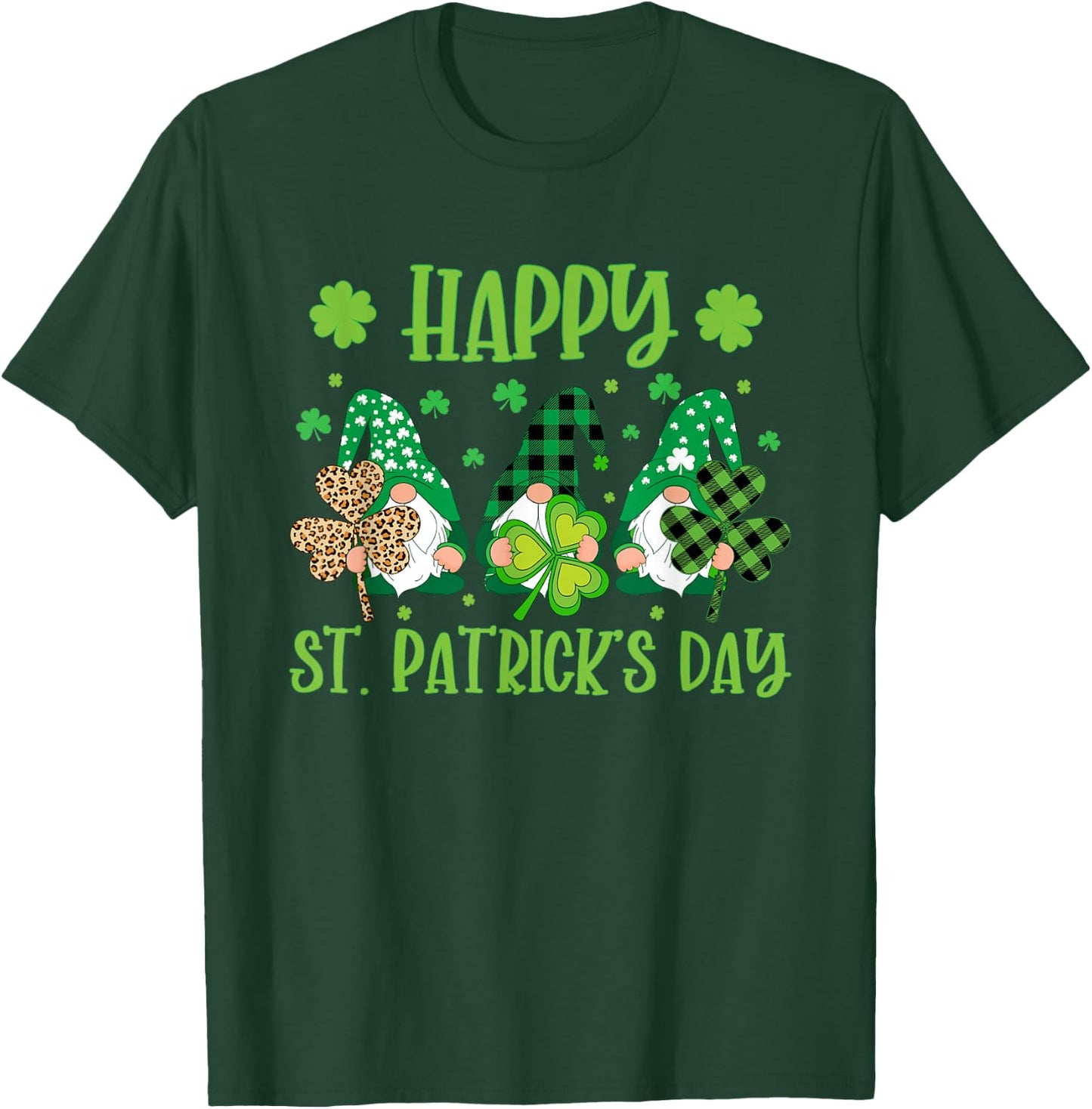 Gnomes Holding Shamrock Green Plaid Leopard St Patrick's Day T-Shirt - T-Shirt | Forest