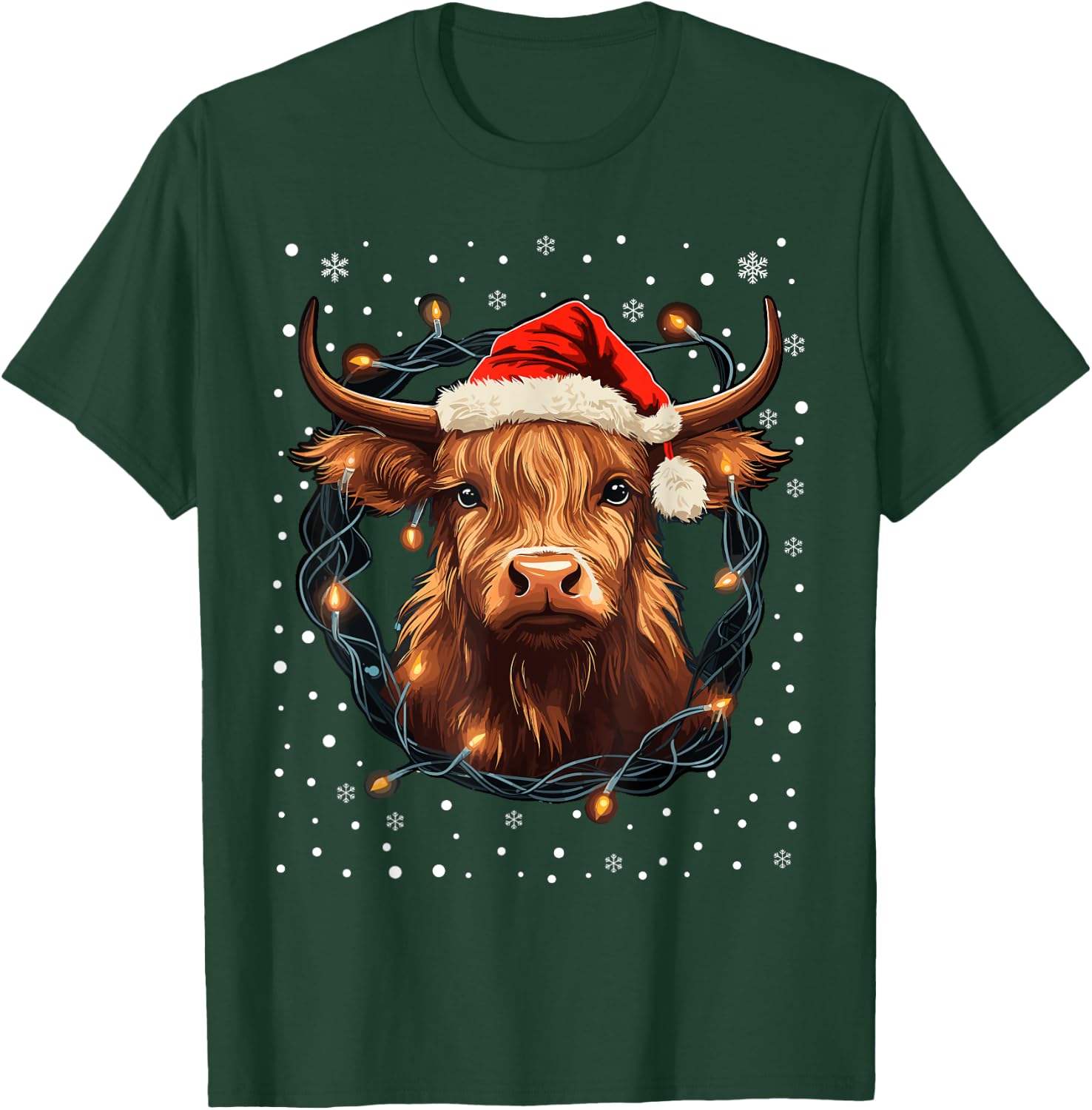 Cute Highland Cow Christmas Lights Santa Hat Xmas Pajama T-Shirt - T-Shirt | Forest