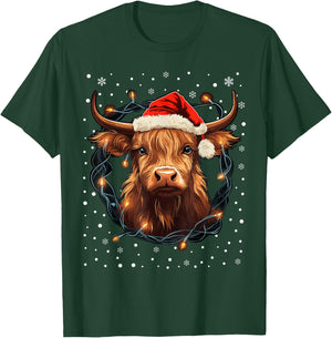 Cute Highland Cow Christmas Lights Santa Hat Xmas Pajama T-Shirt - T-Shirt | Forest