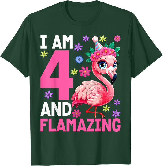 I Am 4 and Flamazing Amazing 4th Birthday Flamingo Lover T-Shirt - T-Shirt | Forest