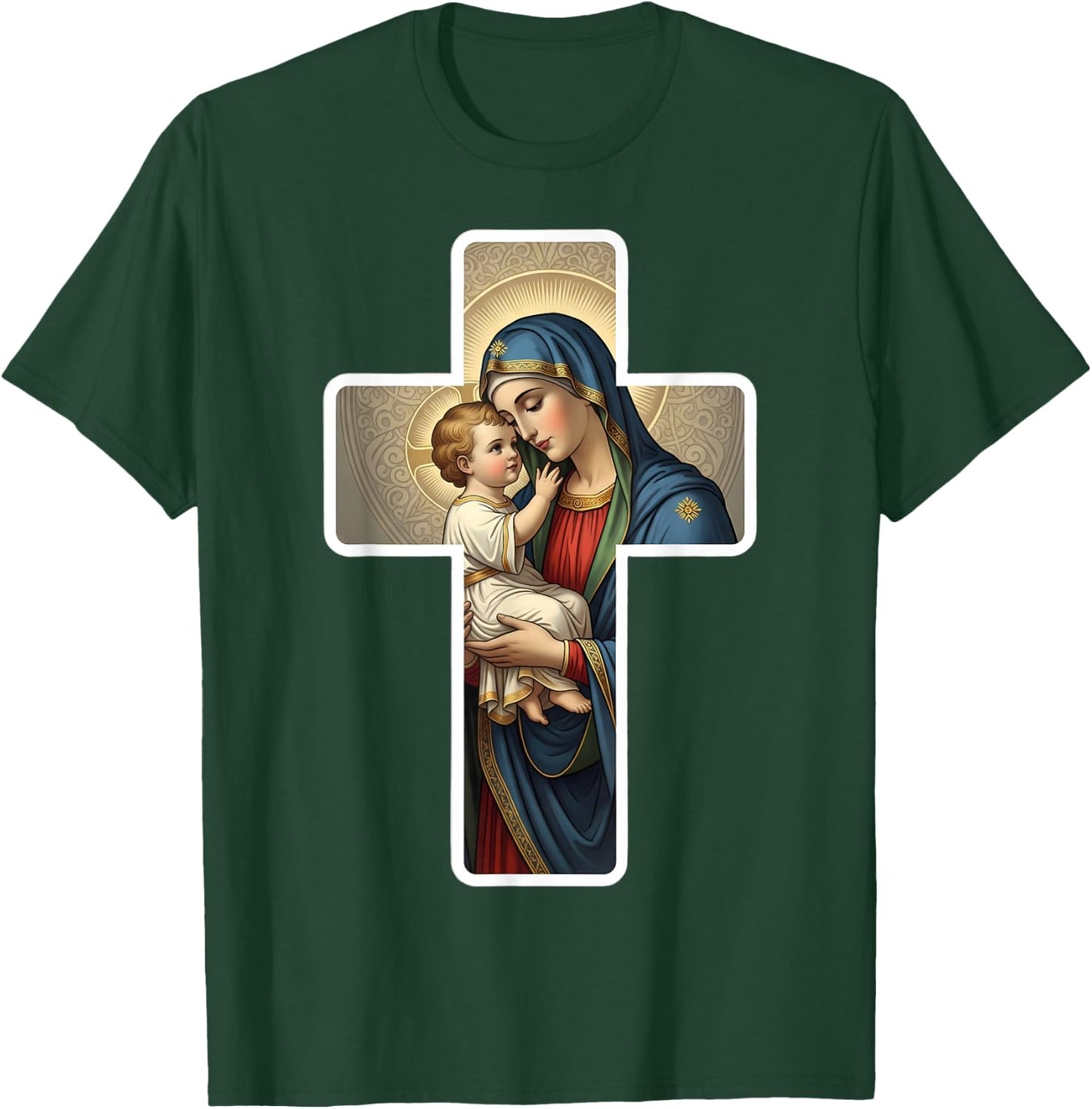 Saint Mary with Baby Jesus Christ Santa Maria Cross Icon T-Shirt - T-Shirt | Forest
