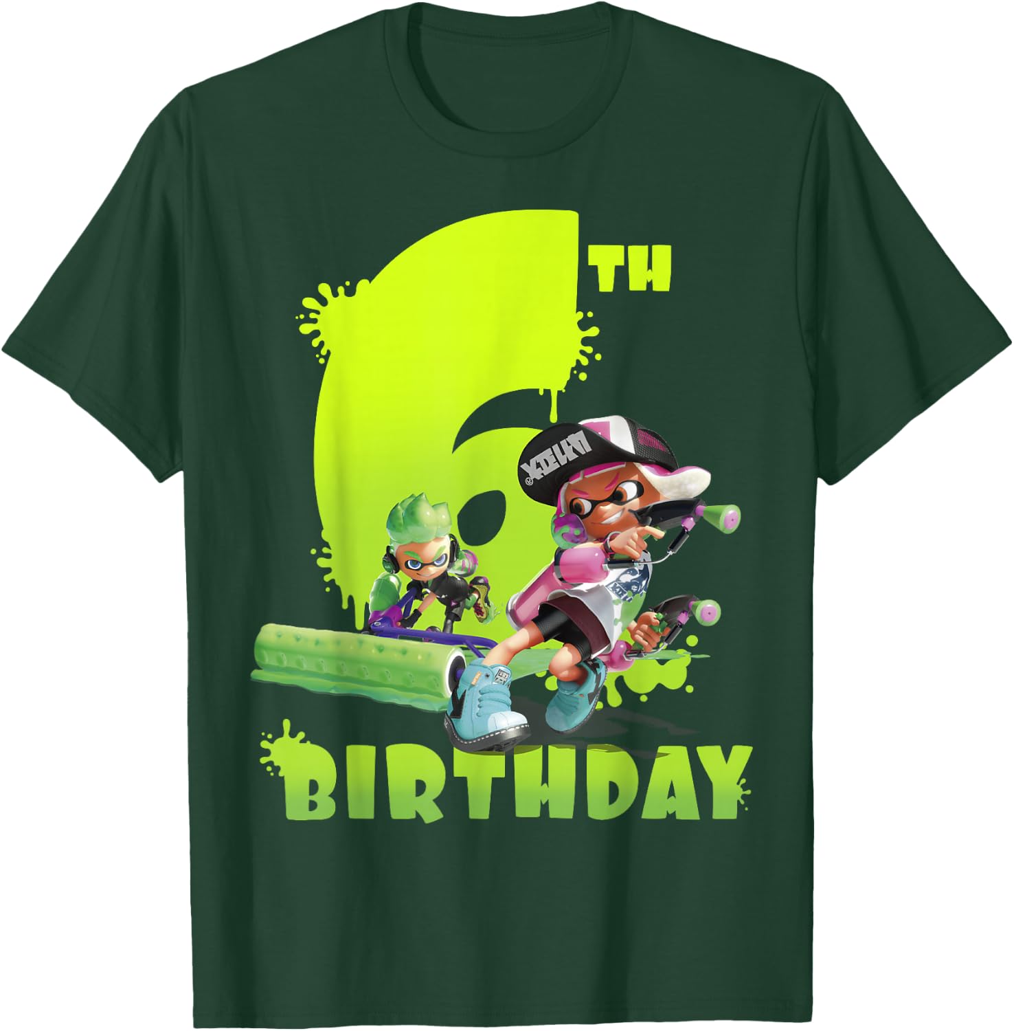 Splatoon Inkling 6th Birthday Green Splatter Portrait T-Shirt - T-Shirt | Forest