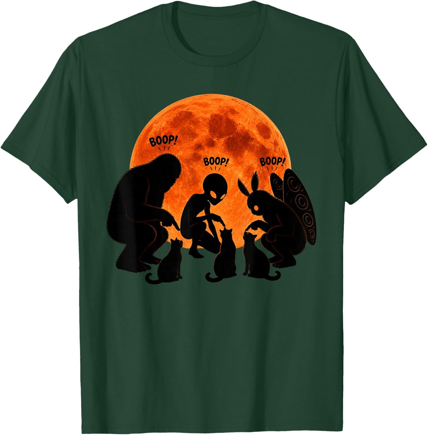 Bigfoot Boop Cat Alien Mothman Cats Full Moon Funny Cryptid T-Shirt - T-Shirt | Forest