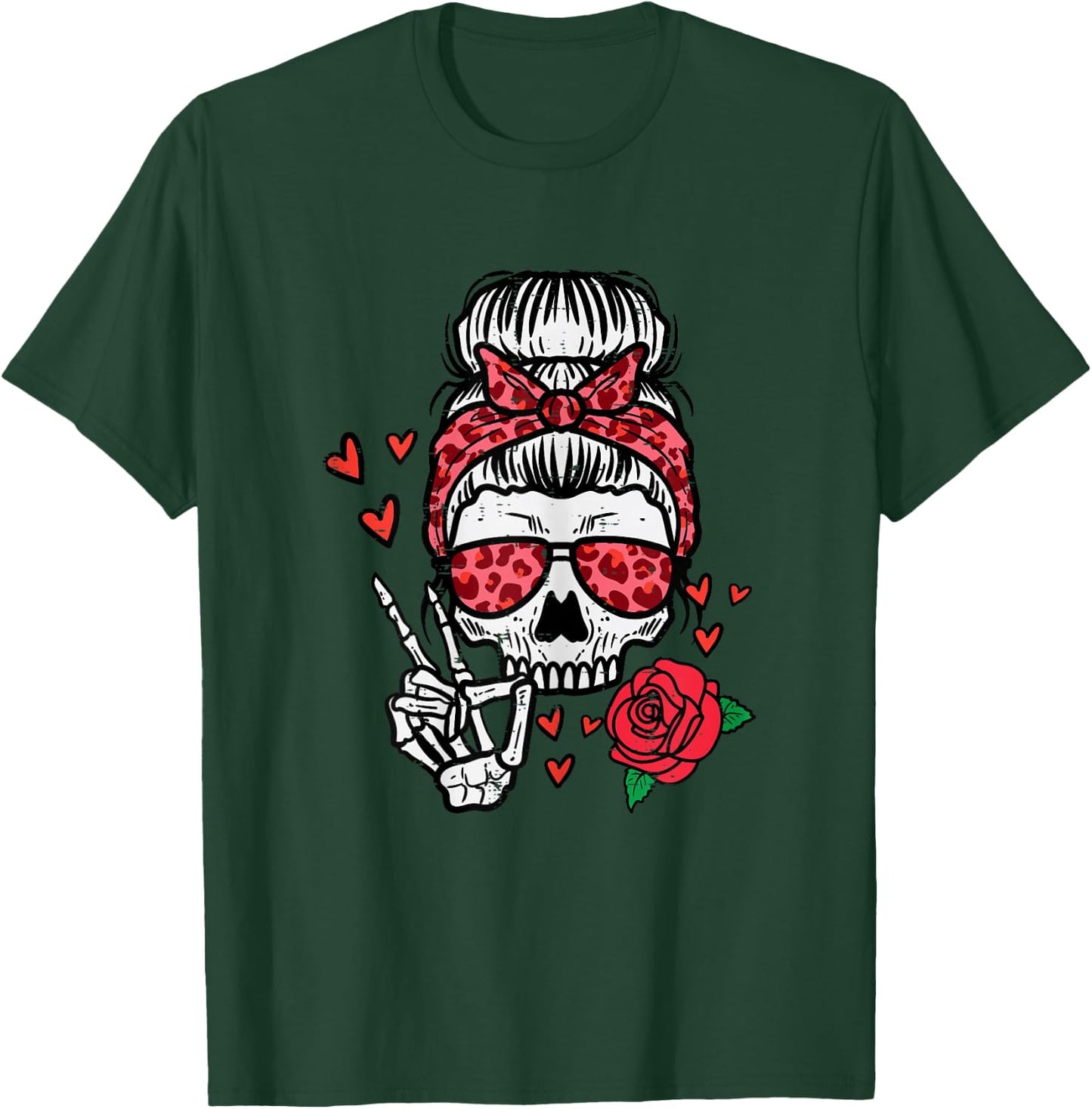 Valentines Skeleton Leopard Messy Bun Peace Funny Women T-Shirt - T-Shirt | Forest