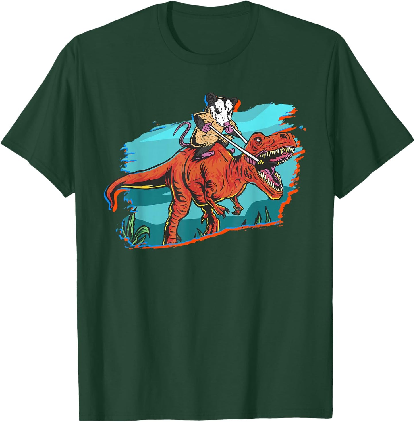 Opossum Riding Dinosaur T-Shirt - T-Shirt | Forest