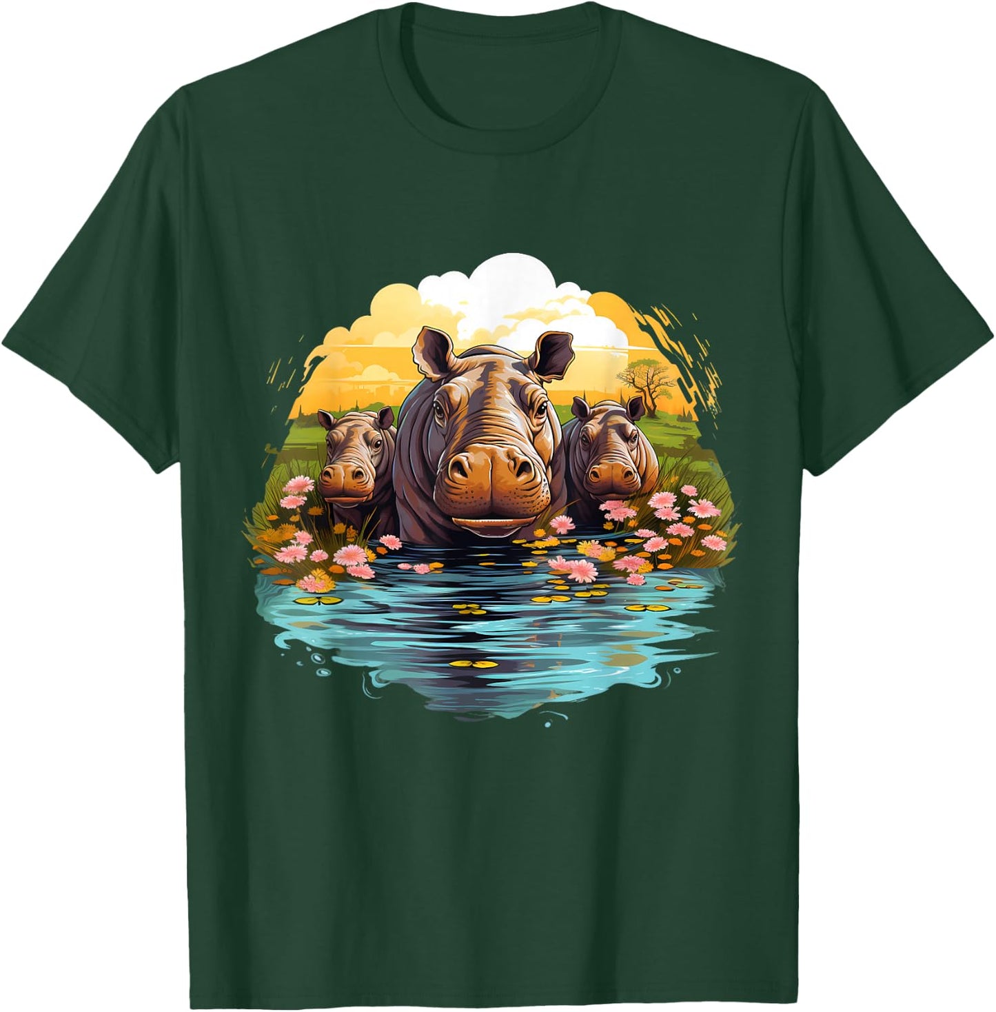Hippo Floral Artwork Nature Wildlife Hippopotamus Savanna T-Shirt - T-Shirt | Forest