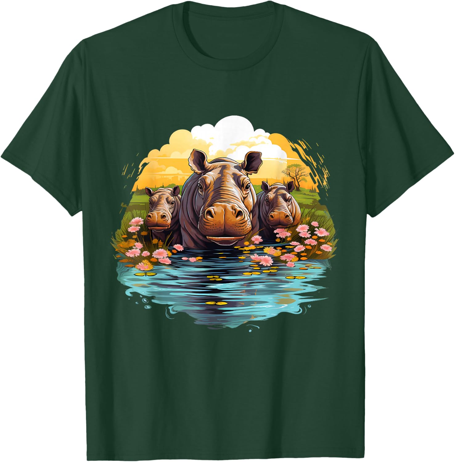 Hippo Floral Artwork Nature Wildlife Hippopotamus Savanna T-Shirt - T-Shirt | Forest