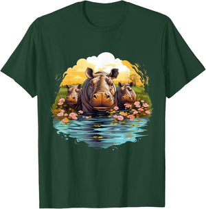 Hippo Floral Artwork Nature Wildlife Hippopotamus Savanna T-Shirt - T-Shirt | Forest